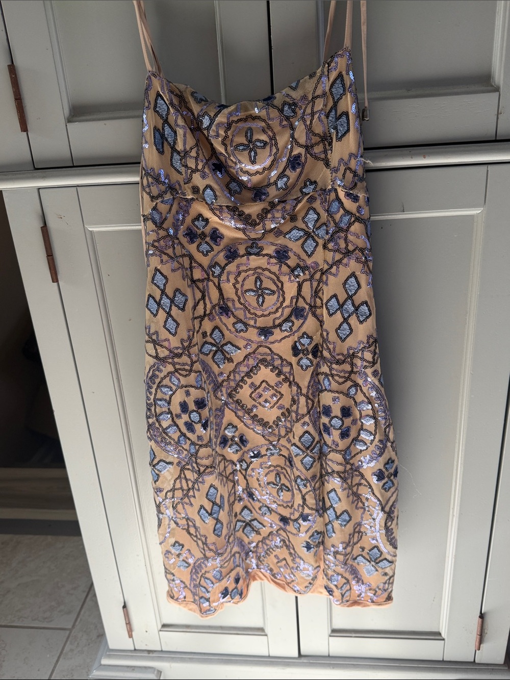 Free People Beige Mini dress with tie up straps featuring lilac and Silver Sequ